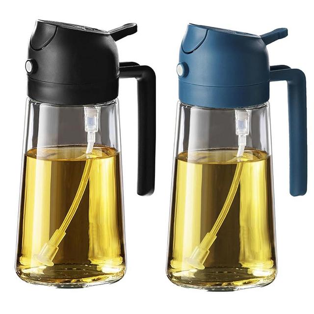 TrendPlain 16oz/470ml Glass Olive Oil Sprayer for Cooking – 2 in 1 Olive Oil Dispenser Bottle for Kitchen Gadgets and Air Fryer Accessories, Salad, BBQ - Black & Navy