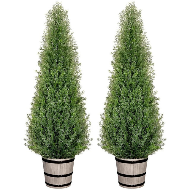 VIVATREES 4FT Artificial Cedar Topiary Trees with Rustic Barrel Planter, Outdoor Indoor Realistic Faux Pine Shrubs Plants, Fake Cypress Trees for Home Offices Porch Decor, Set of 2