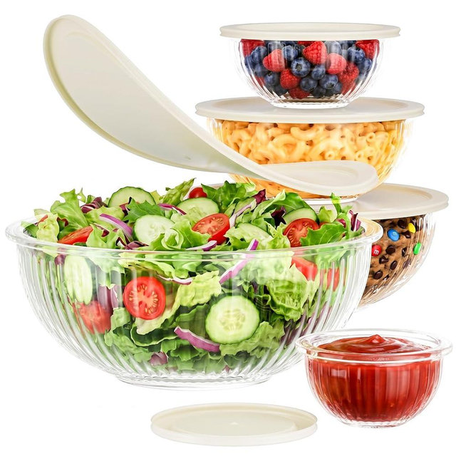 Jelife Glass Mixing Bowls with Lids Sets - 5 Packs Size: 3.7-2.1-1-0.5-0.2QT, Borosilicate Nesting Glass Bowls Containers for Baking, Salad, Meal Prep, Serving, Food Storage,BPA Free & Dishwasher Safe
