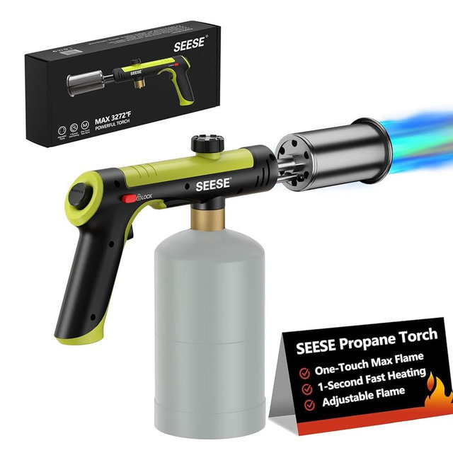 SEESE Powerful Propane Torch Gun,Kitchen Cooking Torch With One-Touch Max Fire, Charcoal Lighter with a Safety Lock, Adjustable Blow Torch for Sous Vide, BBQ, Campfire, Fireplace(Tank Not Included)