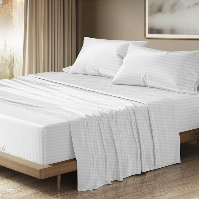 THREAD SPREAD Egyptian Cotton Sheets King Size - 1500 Thread Count 4 PC Damask Sheet Set Egyptian Cotton, Luxury Sheet King Size, Soft, Cooling Deep Pocket Sheets, Fits Upto 19" - White Stripe