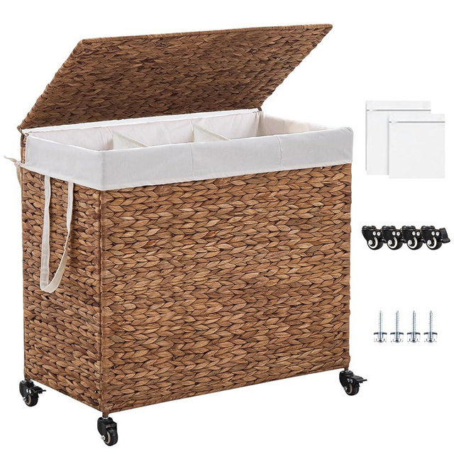 LGENHOOM 3-Section Laundry Hamper with Lid, Large Capacity Woven Natural Water Hyacinth Laundry Sorter with Removable Liners, Rolling or Non-Slip Design for Bedroom (Espresso, 155L)