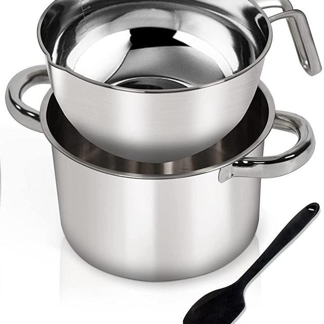 Double Boiler Pot Set,1250ML/1.1QT Mixing Bowl for Chocolate Melting, 2200ML/ 2QT 304 Stainless Steel Pot With Silicone Spatula for Melting Chocolate, Candy, Candle, Soap, Wax