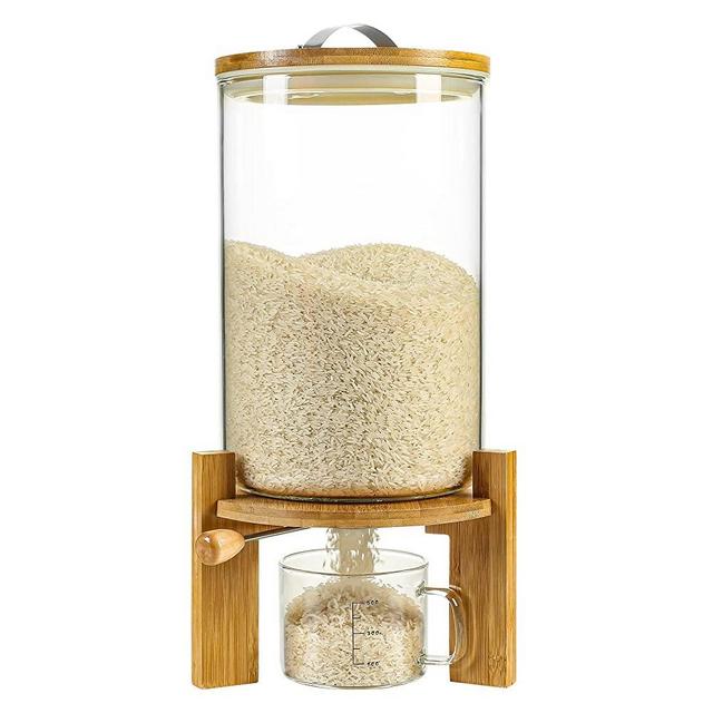 Rice Dispenser, Rice Storage Container: Flour and Cereal Container with Airtight Lid and Wooden Stand, Glass Food Storge Container for Kitchen Organization and Pantry Store (8L)