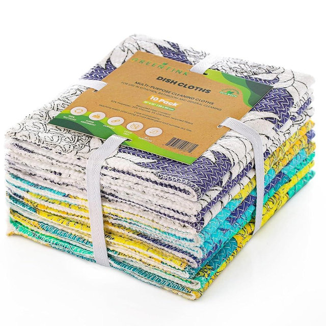 GREENTINK Eco-Friendly Reusable Dish Cloth Set – 10-Pk Multipurpose Kitchen Cleaning Cloth Made from Recycled Materials – Absorbent Dish Towels & Non-Scratch Cleaning Rags, 12x12 in.
