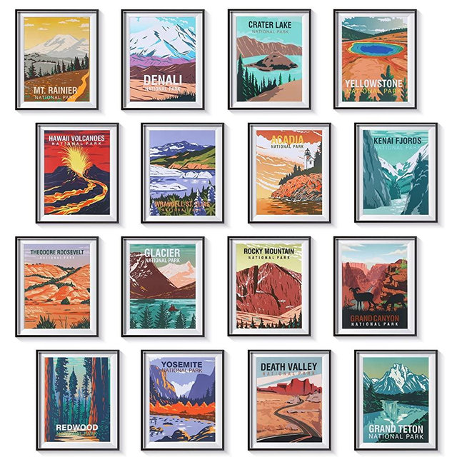 16 Pieces Vintage National Park Posters Vintage Style Unframed Set of 16 Travel Prints Wall Art Abstract Wall Art and Mountain Print Set Abstract Travel Unframed for Living Room Bedroom Bathroom Decor