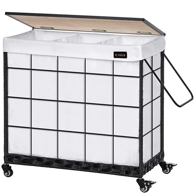 Laundry Hamper with Heavy Duty Caster Wheels; 3 Sections Clothes Hamper with Lid; 132L Laundry Basket with Removable Liner Bag; Laundry Sorter with Metal Handle (White)