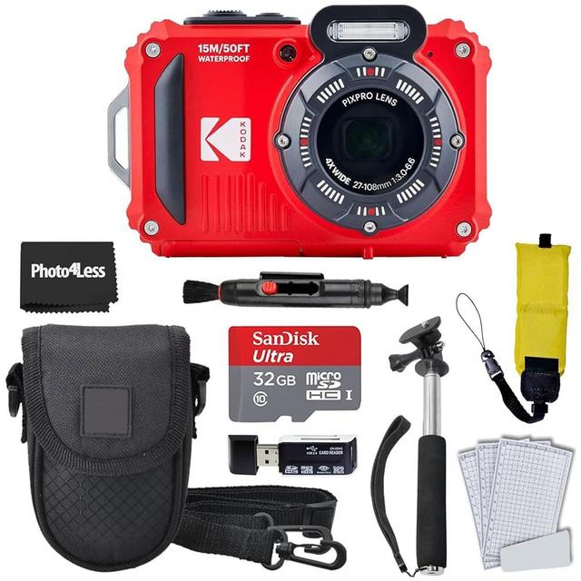 KODAK PIXPRO WPZ2 Rugged Waterproof Digital Camera, Red Bundles with Case, Monopod, Card Reader and More (9 Items)