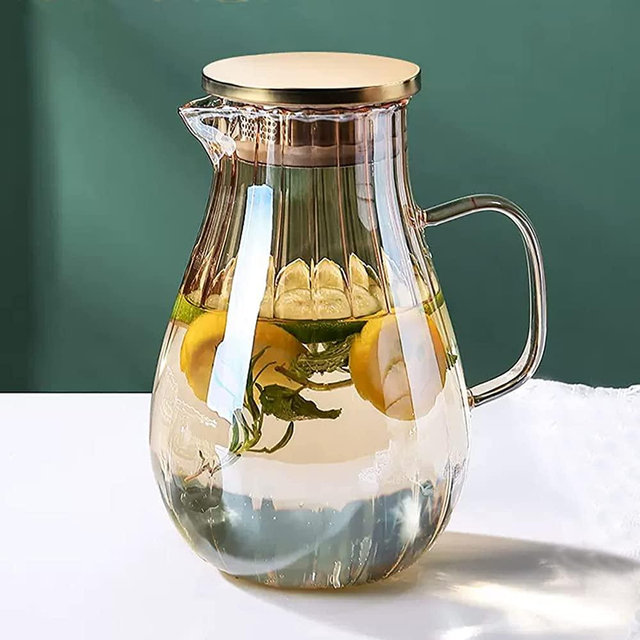Glass Pitcher With Lid Amber Round Water Carafe with handle and Spout for Homemade Beverage, Juice,Hot Coffee, Iced Tea and Milk （62oz）