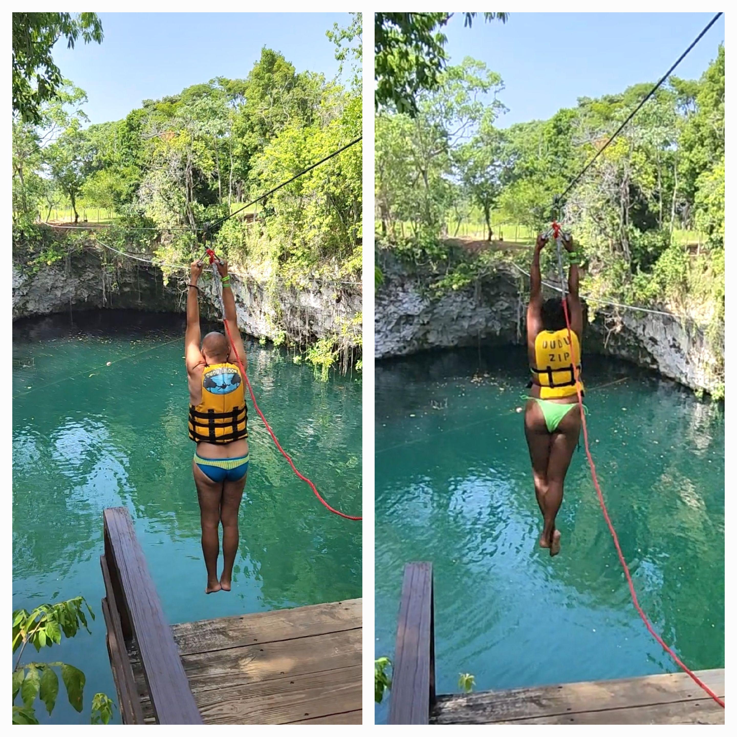Zip lining at Hoyo Azul, a crystal-clear freshwater lagoon, also widely known as Blue Lagoon or Blue Hole in Punta Cana, Dominican Republic.