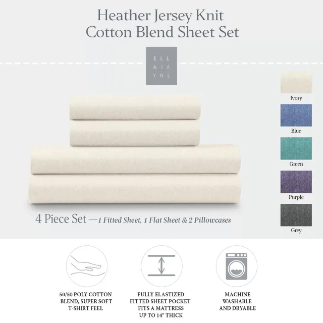 Ella Jayne Soft Heather Jersey Knit Sheet Set, 4pc, King, Ivory