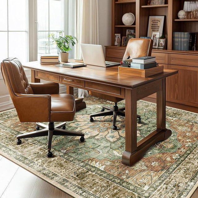 RELEANY Area Rugs 6'x8' Washable Non-Slip, Floral Vintage Distress Print Pattern Medallion Carpet for Living Room Bedroom Dining Room, Brick Red Rust Neutral Brown Burnt Orange Green
