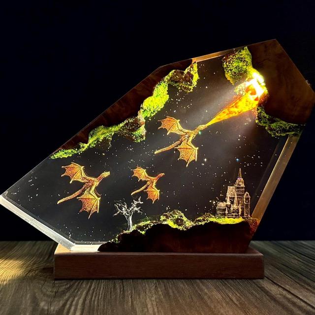 Handmade Resin Dragon Lamp: Fire & Ice Lighting Decor, 3d dragon table lamp, Lighting Home Decor, Valentines gift, resin epoxy