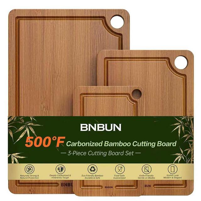 Bamboo Cutting Board for Kitchen – 3-Piece Wooden Boards with Juice Grooves, Side Handles, Non-Slip Mats – Perfect for Meat, Veggies Fruit,Bread Boards – Ideal Kitchen Gift