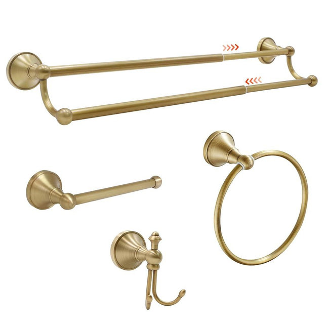 4 Piece Antique Brass Bathroom Accessories Set - 16"-27.7" Solid Brass Towel Rack, Double Vintage Towel Bar - Wall Mounted Antique Gold Bathroom Hardware