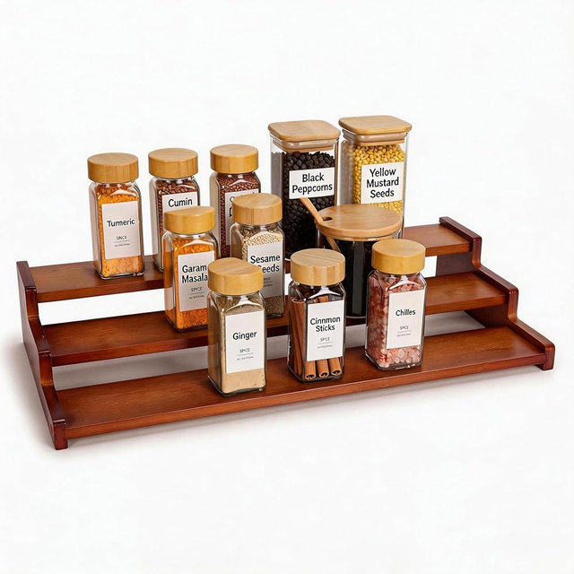 MNADSFKJ Bamboo Spice Rack，3-Tier Spice Rack Organizer for Cabinet or Pantry (Walnut, L)