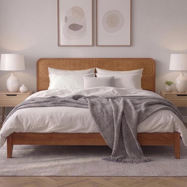 NATLE & CO Woodmere Premium Queen Size Bed Frame with Rattan Headboard, Solid Wood Platform Bed, Tapered Solid Wood Legs, No Box Spring Needed, Mid-Century Modern Style, Easy Assembly (Honey)