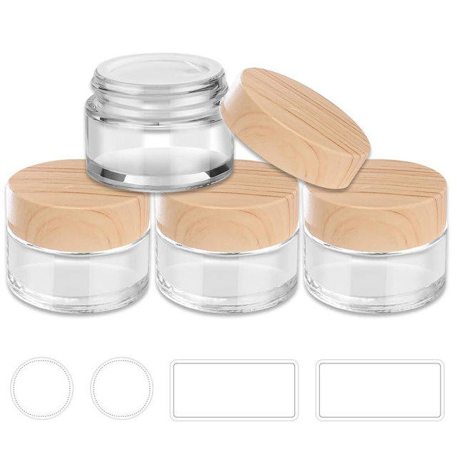 1 oz Glass Jars with Lids, Small Glass Containers with Plastic Woodgrain Lids & Inner Liners, Reusable Travel Containers for Creams, Makeup, Lotion, Cosmetic 4 pack