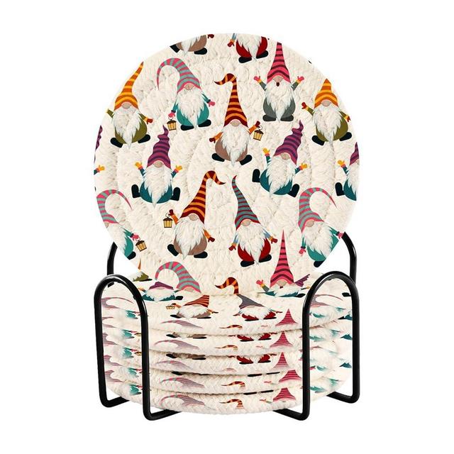 Christmas Gnomes Seamless Drink Coasters Set of 6 with Holder Absorbent Round Coasters for Wooden Table Tabletop Protection Party Christmas Decor House Warming New Home Gift