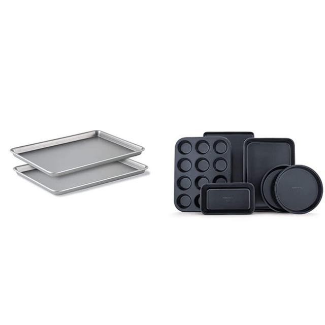 Calphalon Baking Sheets, Nonstick Baking Pans Set for Cookies and Cakes, 12 x 17 in, Set of 2, Silver & Nonstick Bakeware Set, 6-Piece Set, Black