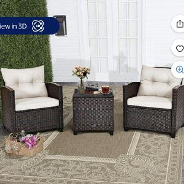 Costway 3PCS Patio Rattan Furniture Set Cushioned Sofa Coffee Table Garden off White