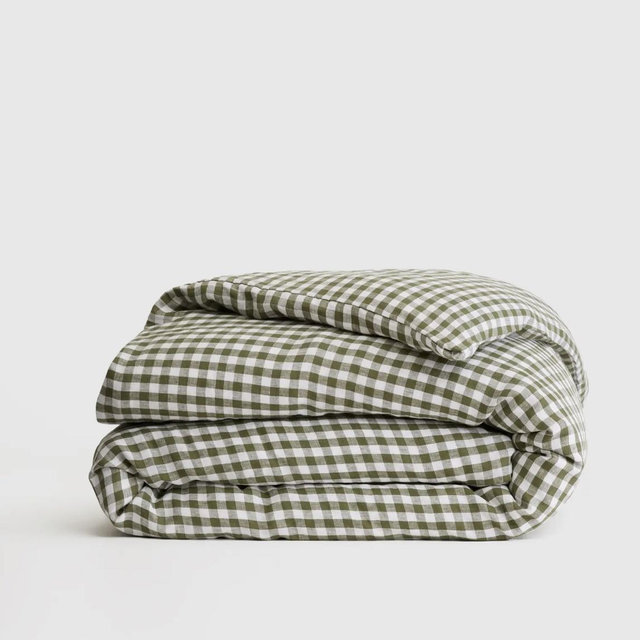 Olive European Linen Gingham Duvet Cover, KING