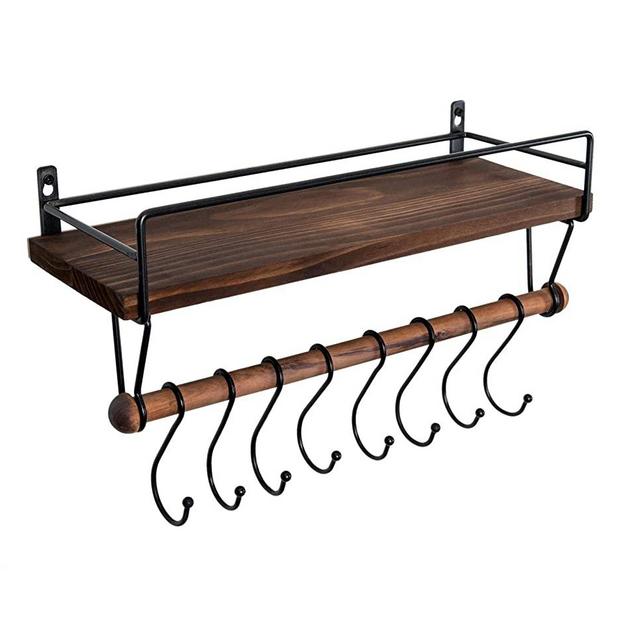 SODUKU Floating Shelf Wall Shelf for Storage Rustic Wood Kitchen Spice Rack and Bathroom Shelf with Rail and Removable Towel Bar and 8 Hooks Brown