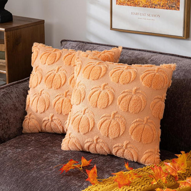 COSIBONO Pumpkin Fall Decorative Throw Pillow Covers 18"x18", Set of 2 Light Gold Soft Faux Fur Pillow Covers for Autumn Harvest, Fluffy Plush Accent Pillow Cases for Farmhouse Couch Cushion Covers
