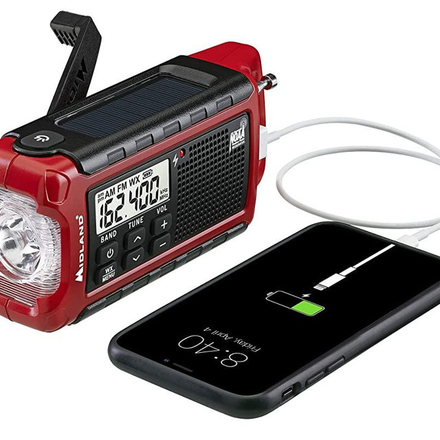 Midland - ER210, Emergency Compact Crank Weather AM/FM Radio - Multiple Power Sources, SOS Emergency Flashlight, NOAA Weather Scan + Alert, & Smartphone/Tablet Charger (Red/Black)