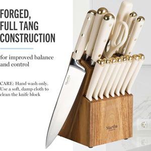Martha Stewart 16 Piece Lockton High Carbon Stainless Steel Cutlery Kitchen Knife Block Set W/ABS Tripe Riveted Forged Handle Acacia Wood Block - Linen White W/Gold