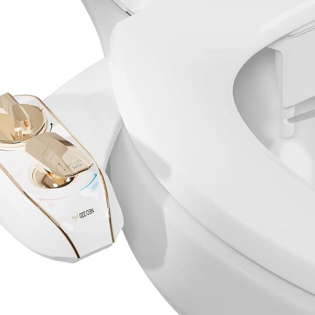 LUXE Bidet NEO 320 Plus - Patented Bidet Attachment for Toilet Seat, Innovative Hinges to Clean, Slide-in Install, Advanced 360° Self-Clean, Warm, Dual Nozzles, Feminine & Rear Wash (Gold)