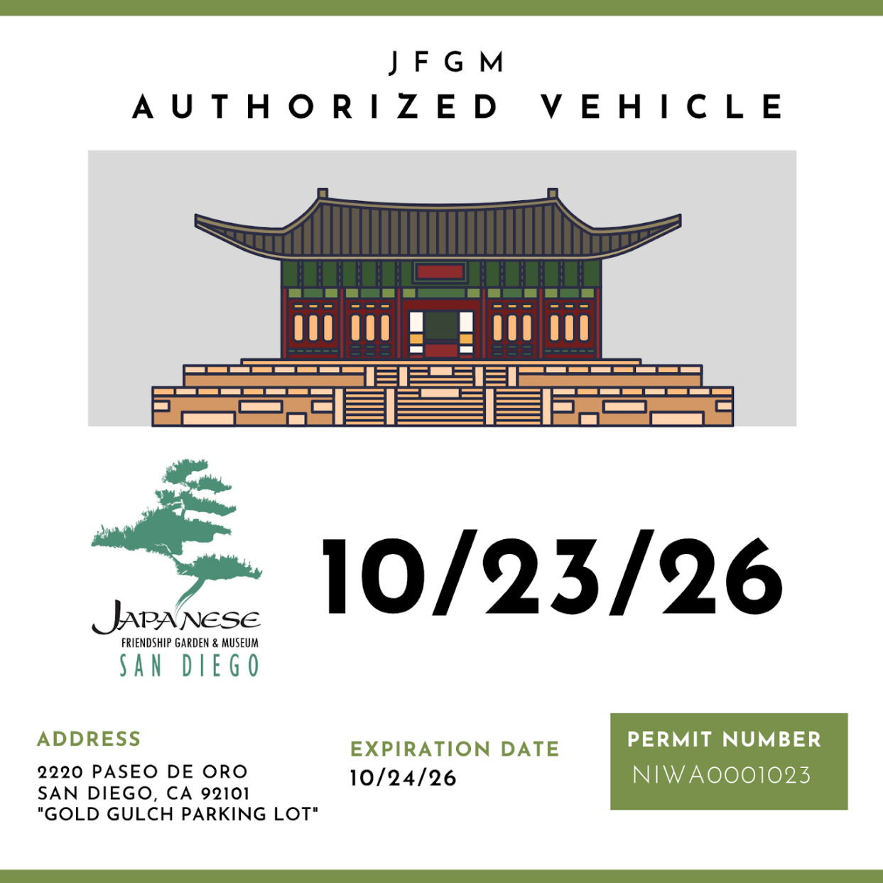 If you're planning on driving and parking in the closest lot (2220 Paseo De Oro, San Diego, CA 92101), you'll need to display this permit on your dashboard.