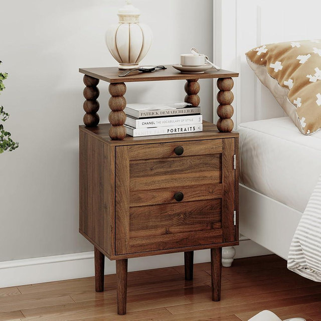 Veegle Nightstand,Modern Bedside Table with Storage Drawer and Open Wood Shelf, for Bedroom and Small Spaces,Night Stand with Solid Wood Legs (Walnut Brown)