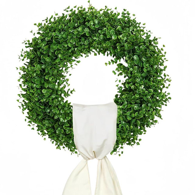 20'' Boxwood Wreath for Front Door with Ivory Sash Foldable Farmhouse Door Wreath for Year-Rind Indoor/Outdoor, Weddings & St Patricks Day
