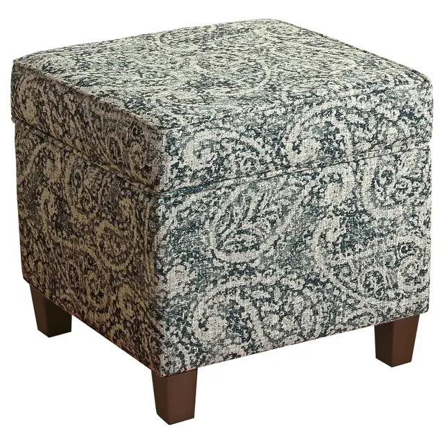 HomePop Cole Classics Square Storage Ottoman with Lift Off Top Blue/Gray Paisley: Upholstered Footstool, Wood Legs, No Assembly Required