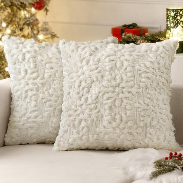 MIULEE Christmas Cream White Throw Pillow Covers Snowflakes Decorative 20×20 Inch Faux Wool Winter Festival Couch Pillow Covers Set of 2 Farmhouse Holiday Home Decors for Sofa Livingroom Bed