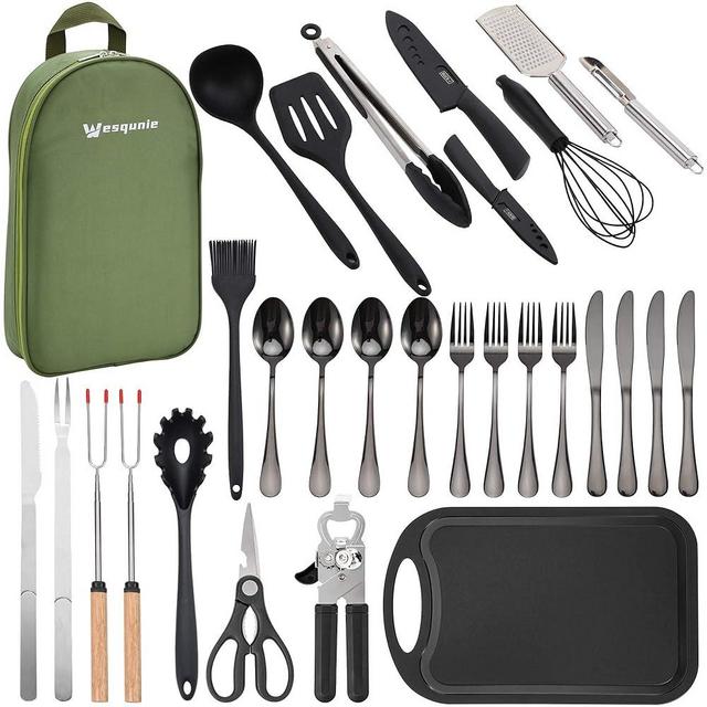 Wesqunie Camping Cookware Cooking Utensils Set - Portable Camping Kitchen Utensils, Outdoor Camping Essentials Accessories, Stainless Steel & Silicone, Camping Gear Equipment for RV Picnic Grill