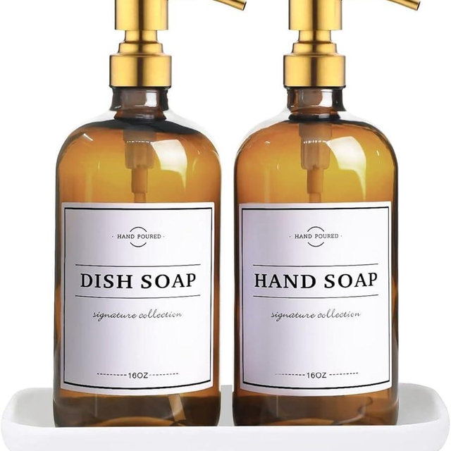 Glass Soap Dispenser with Pump and Tray - Refillable Amber Soap Dispenser Bottles Used for Hand Soap, Dish Soap, Lotion