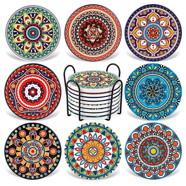 Coasters for Drinks,AODINI Set of 8 Absorbent Stone Coasters for Wooden Table, Mandala Ceramic Coasters with Cork Base, Gift for Housewarming Birthday and Family - Great Home and Dining Room Decor