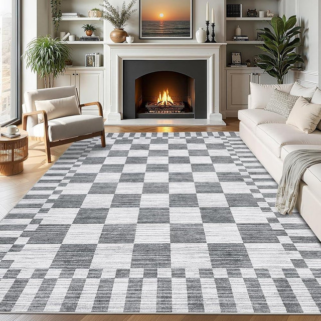 GarveeHome Grey Checkered Rug 6×9 Area Rugs for Living Room，Non-Slip Washable Rug Soft Low-Pile, Modern Farmhouse Geometric Rugs for Bedroom Dining Room