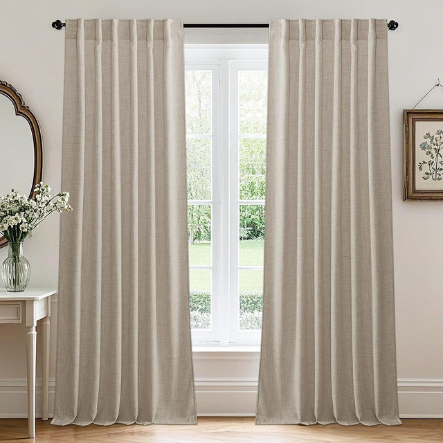 RYB HOME Natural Beige Linen Sheer Curtains 90 inches Long for Living Room and Dining Room, Back Tab/Rod Pocket, Light Filtering Sheer Curtains and Drapes, W 52 x L 90 inches, 2 Panels Set
