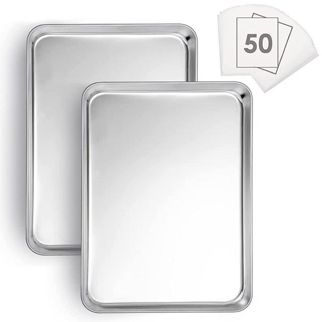 Baking Cookie Sheet Set of 2, E-far 16”x12” Stainless Steel Baking Sheet Pan for Oven with 50 Parchment Paper, Rectangle Baking Tray for Cooking Roasting, Rust Free & Heavy Duty, Dishwasher Safe