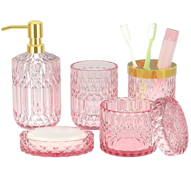 New Pink Bathroom Accessories Set - 5 PCS Glass Bathroom Decor with Soap Dispenser & Soap Dish & Toothbrush Holder & Tumbler & Cotton Swab Jar - Bathroom Accessory Set Soap Dispenser Set for Vanity