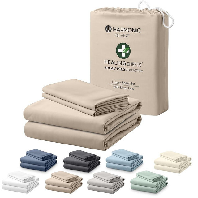 HARMONIC SILVER Eucalyptus Collection King Size Sheet w/Silver Ions | 100% Tencel | Ultra Soft | Cooling for Hot Sleepers | 18" Deep Pocket [Dune]