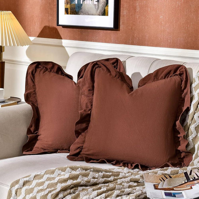 AmHoo Pack of 2 Throw Pillow Covers 100% Cotton Pre Washed Ruffle Decorative Pillowcase Cushion for Couch Sofa Bedroom 18 x 18-Inch Brown