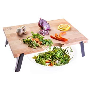 SalabarPro Large American Hardwood Cutting Board Raised with Aluminum Folding Legs: 16x12x3.5 Inches | Sustainable Wooden Chopping, Serving and Carving Butcher Block for Vegetables Meat and Cheese
