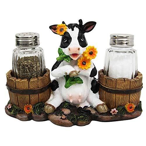 Ebros Gift Lovely Sunflower Cow With Old Country Farm Milk Barrels Decorative Glass Salt Pepper Shakers Holder Resin Figurine 7" Wide