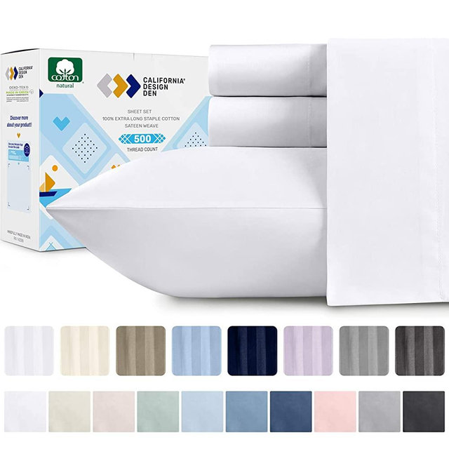California Design Den Pure White King Sateen Sheets - 500 Thread Count 4 Piece Sheet Set, Ultra Soft Pure Cotton Bed Set, Smooth Luxury Finish Bedding, Deep Pocket Fits Mattress 16 Inches