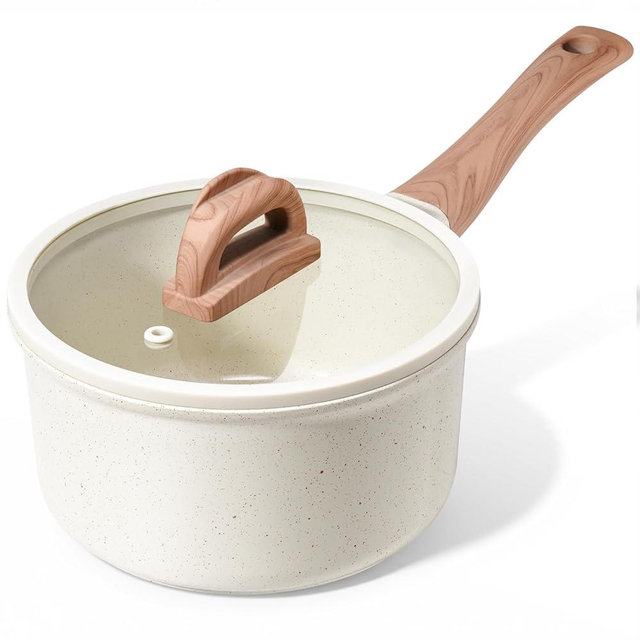 Ceramic Nonstick Saucepan with Lid, 2.0 QT Small Non Stick Stock Pot with Stay-cool Handle, Induction Compatible Cooking Pot White Granite Coating Easy to Clean Kitchen Cookware