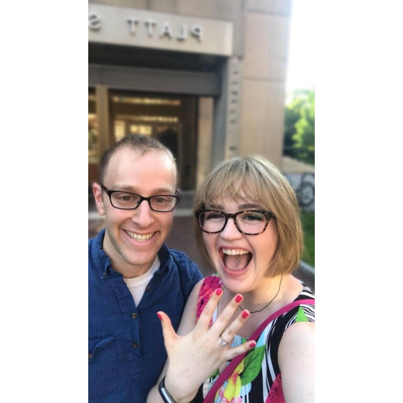 Right after we got engaged, we stopped in front of our old home away from home, Platt Performing Arts House, to snap a selfie and call our families and friends!